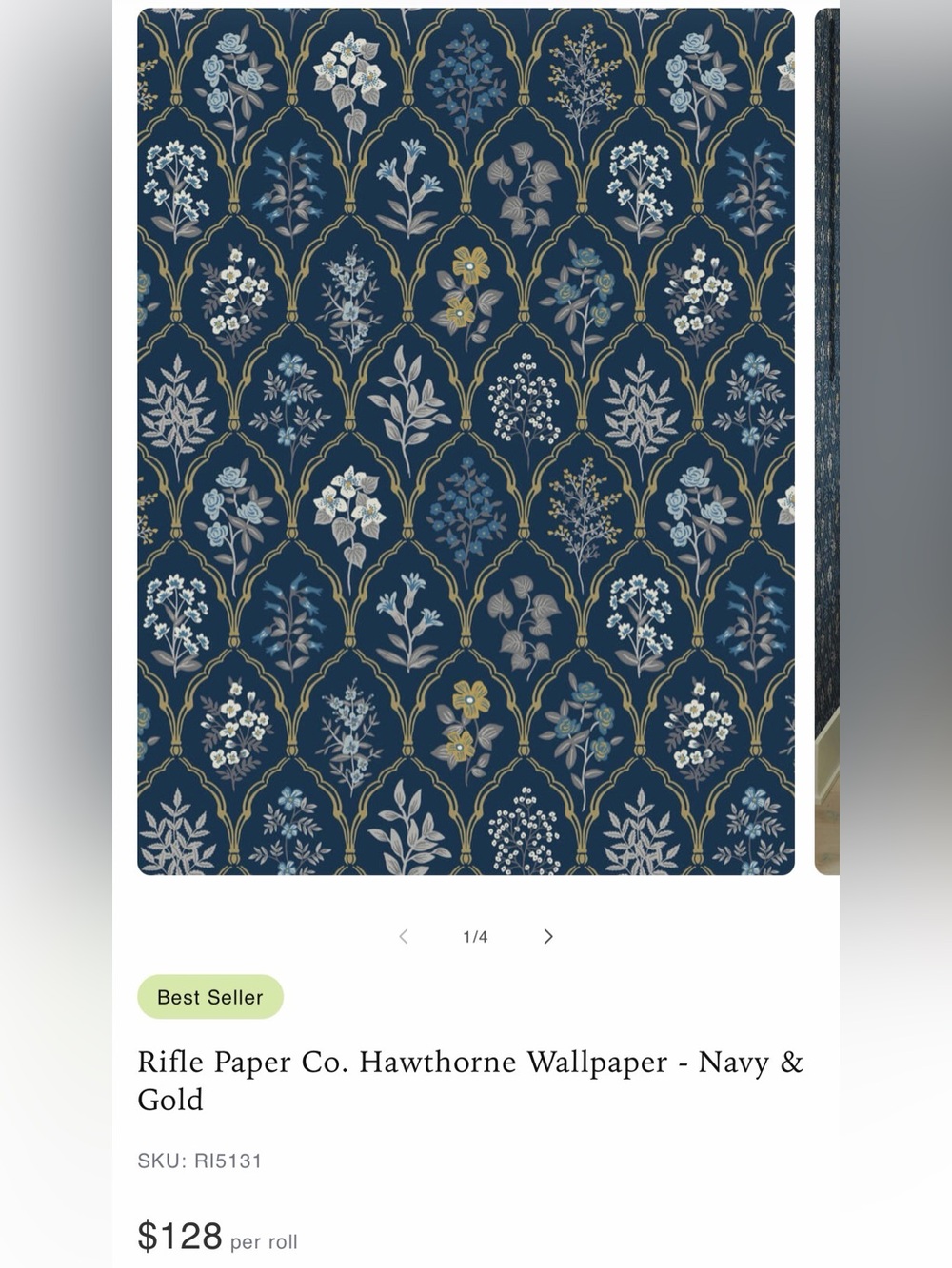 Rifle Paper Co. Hawthorne Trellis Wallpaper — Navy, Gold & Light Blue